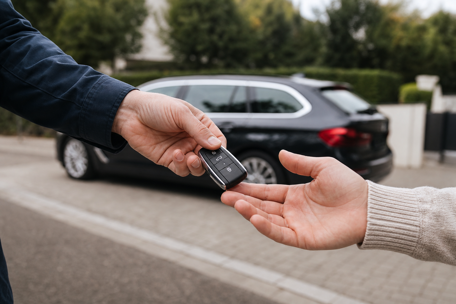 Chauffeur overhandigt autosleutel aan tevreden klant naast een premium wagen