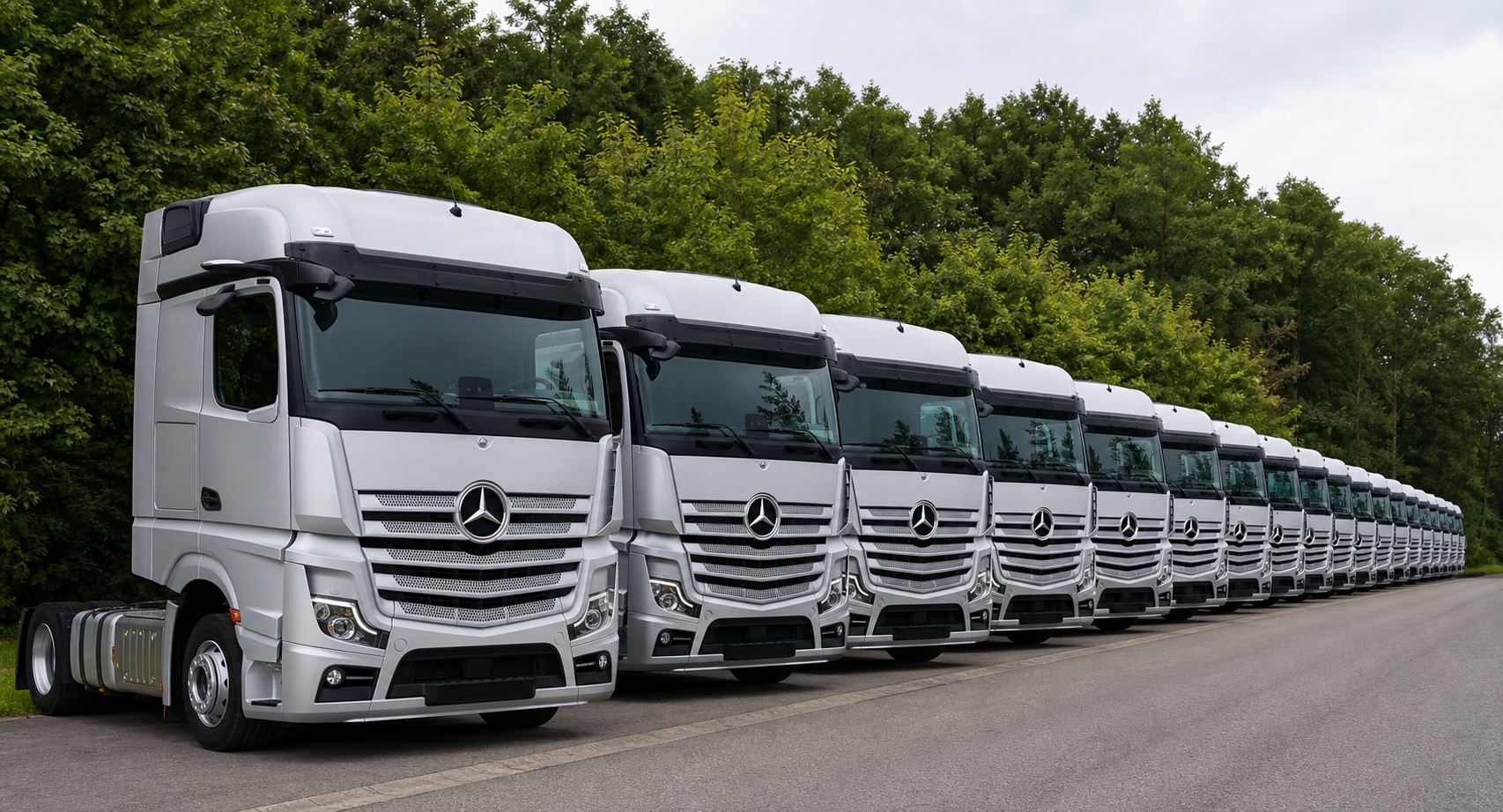 Rij zilvergrijze Mercedes vrachtwagens